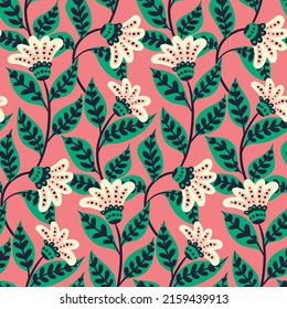 Decorative floral pattern in trendy modern colors. Long stems of plants with hand drawn flowers buds, green leaves on a pink background. Seamless pattern, colorful floral print. Vector.