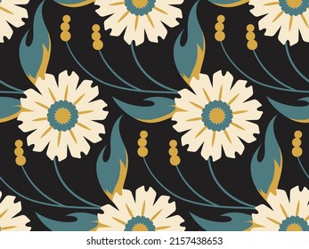 Decorative floral pattern with white flowers on a black background. Botanical print with large geometric flowers, graceful leaves on a continuous stem. Vector illustration.