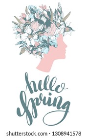 Decorative floral pattern woman's head poster Hello Spring. Lettering fashion hand drawn spring flowers iris narcissus. Vector grunge pink and blue illustration poster