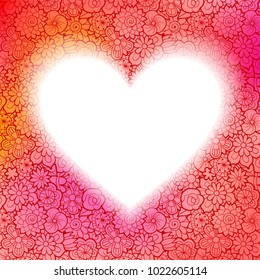 Decorative floral pink background with white heart. Design template for Valentine’s Day cards, wedding invitations etc. with place for your text. Vector illustration