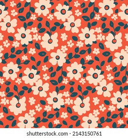 Decorative floral print in a rustic, folk style. Romantic botanical background, seamless pattern with simple painted plants, flowers, twigs with leaves. Vector illustration.