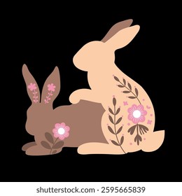 Decorative Floral Rabbit in Love in Folk Art Style. A charming folk art vector illustration featuring two rabbits with floral patterns on a black background