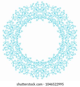 Decorative floral round border. Blue flowers on white background.