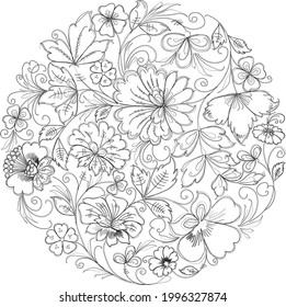 Decorative floral round design element from outlines various fantasy flowers