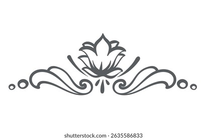 Decorative floral scroll ornament with central lotus flower and swirling elements in engraved vintage style. Great for invitations, logos, or packaging. Vector illustration.