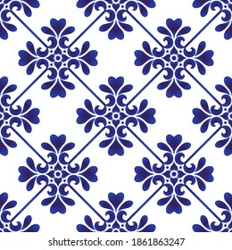 decorative floral seamless damask pattern, porcelain background, baroque wallpaper, blue and white royal texture for design, ceramic tile, vintage tiles, textile, card, weading, invitation, vector