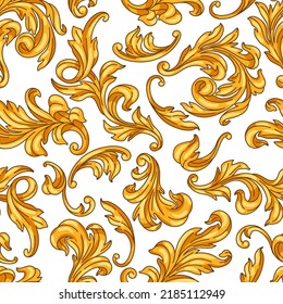 Decorative floral seamless pattern in baroque style. Golden curling plant.