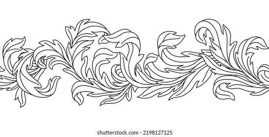Decorative floral seamless pattern in baroque style. Engraved black curling plant.