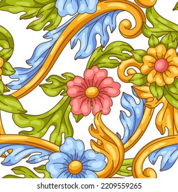 Decorative floral seamless pattern in baroque style. Colorful curling plant.