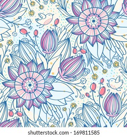 Decorative floral seamless pattern with birds