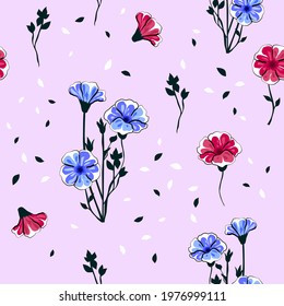 Decorative floral seamless pattern with blue, red, burgundy petunia and leaves. Blooming gentle botanical background.
