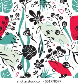 Decorative floral seamless pattern, botanic elements cute color spots, geometric shapes, colorful plants and black plants silhouette. Trendy design.