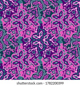 Decorative floral seamless pattern in bright summer positive colors. Mandala medallion fluid petals ornament. Exotic floral seamless pattern. Psychedelic patchwork design. Indian motifs.