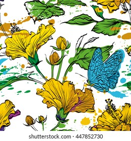 Decorative floral seamless pattern with colored flowers. Nature pattern on white background. Pattern with colored flowers, butterflies, leaves and ink spots. Tropical drawing with black contour.