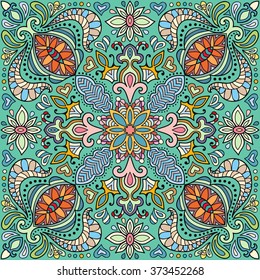 Decorative floral seamless pattern. Coloring book square page for adults.  Authentic carpet design, bandanna shawl fabric print. Abstract fantasy background, vector illustration
