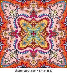 Decorative floral seamless pattern. Coloring book square page for adults.  Authentic carpet design, bandanna shawl fabric print. Abstract fantasy background, vector illustration