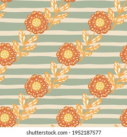 Decorative floral seamless pattern with diagonal orange folk flowers elements. Grey striped pale background. Great for fabric design, textile print, wrapping, cover. Vector illustration.