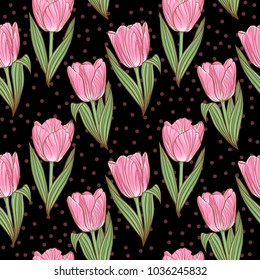 Decorative floral seamless pattern with flowers of tulips