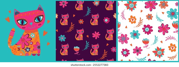 Decorative Floral seamless pattern and flowers cat print for post cards. Fairy tale cat with floral ornament. Kitten flowers, leaves  for wrapping paper.
