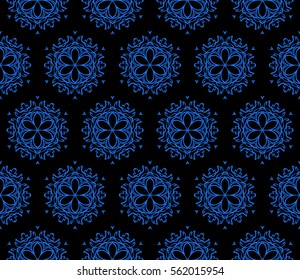 decorative floral seamless pattern. geometric ornament. vector illustration. for interior design, wallpaper, fabric, invitation, textile. blue, black color