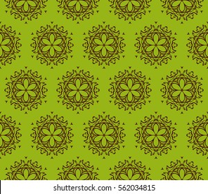 decorative floral seamless pattern. geometric ornament. vector illustration. for interior design, wallpaper, fabric, invitation, textile. green, dark red color