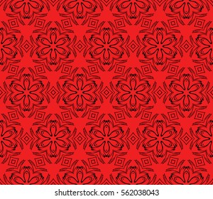 decorative floral seamless pattern. geometric ornament. vector illustration. for interior design, wallpaper, fabric, invitation, textile. black, red color