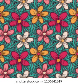 Decorative floral seamless pattern. Hand drawn colorful stylized doodle background. Botanical vector illustration