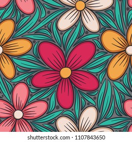 Decorative floral seamless pattern. Hand drawn colorful stylized doodle background. Botanical vector illustration