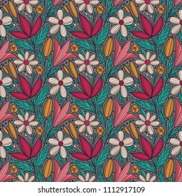 Decorative floral seamless pattern. Hand drawn colorful stylized doodle background. Botanical vector illustration