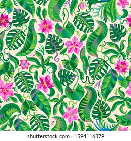 Decorative floral seamless pattern in Hawaiian plant painting style. Bright fantasy frangipani flowers, monstera leaves on a beige background. Batik, tropical textile print, wallpaper, wrapping paper