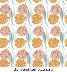 Decorative floral seamless pattern with orange hand drawn tulip flowers shapes. White background. Isolated print. Flat vector print for textile, fabric, giftwrap, wallpapers. Endless illustration.