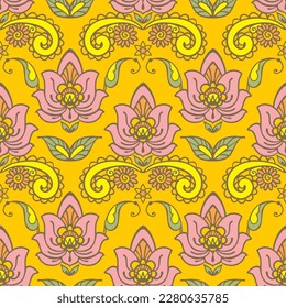 Decorative floral seamless pattern, pink lotus flowers, indian style