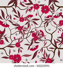 Decorative floral seamless pattern with red flowers.