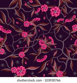 Decorative floral seamless pattern with red flowers.