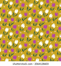 Decorative floral seamless pattern with small tulip flowers. Ditsy print vector illustration