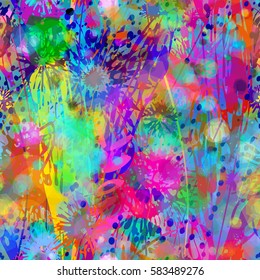 Decorative floral seamless pattern with stylized elements. Colorful texture. Abstract vector background. Watercolor effect