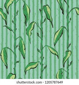 Decorative floral seamless pattern with vertical parallel stems. Endless ornament with green plant stalks and yellow leaves on blue backdrop. Stylish background for wrapping, wallpaper, decoration.