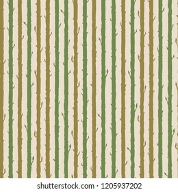 Decorative floral seamless pattern with vertical parallel stems. Endless ornament with green and brown plant stalks on milky backdrop. Stylish bamboo background for wrapping, wallpaper.