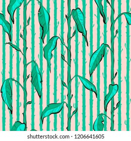 Decorative floral seamless pattern with vertical parallel stems. Endless ornament with green plant stalks and turquoise leaves on pink backdrop. Stylish background for wrapping, wallpaper, decoration.