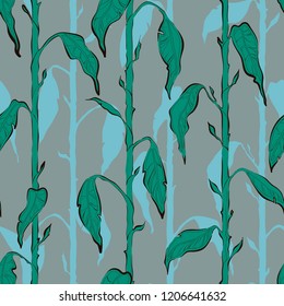 Decorative floral seamless pattern with vertical parallel stems. Endless ornament with green plants and blue shadows from them on gray backdrop. Stylish background for wrapping, wallpaper.