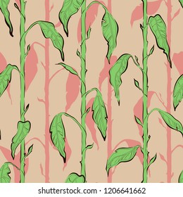 Decorative floral seamless pattern with vertical parallel stems. Endless ornament with green plants and pink shadows from them on light pink backdrop. Stylish background for wrapping, wallpaper.