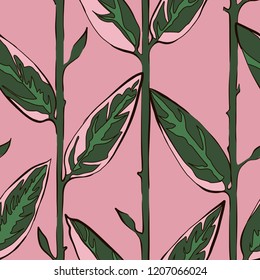 Decorative floral seamless pattern with vertical parallel stems. Endless ornament with green plant stalks and light pink parts of leaves on pink backdrop. Stylish beckground for wrapping, wallpaper.