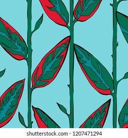 Decorative floral seamless pattern with vertical parallel stems. Endless ornament with green plant stalks and red parts of leaves on blue backdrop. Stylish beckground for wrapping, wallpaper.