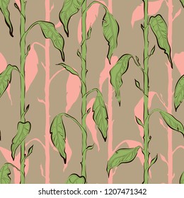 Decorative floral seamless pattern with vertical parallel stems. Endless ornament with green plants and light pink shadows from them on gray backdrop. Stylish background for wrapping, wallpaper.