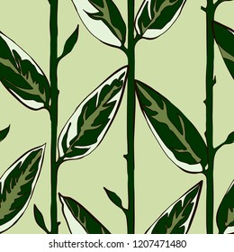 Decorative floral seamless pattern with vertical parallel stems. Endless ornament with green plant stalks and white parts of leaves on light green backdrop. Stylish beckground for wrapping, wallpaper.