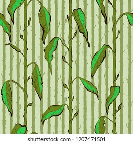 Decorative floral seamless pattern with vertical parallel stems. Endless ornament with green plant stalks and lime leaves on beige backdrop. Stylish background for wrapping, wallpaper, decoration.