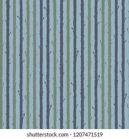 Decorative floral seamless pattern with vertical parallel stems. Endless ornament with violet and green plant stalks on blue backdrop. Stylish bamboo background for wrapping, wallpaper.