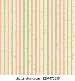 Decorative floral seamless pattern with vertical parallel stems. Endless ornament with green and pink plant stalks on peach backdrop. Stylish bamboo background for wrapping, wallpaper.