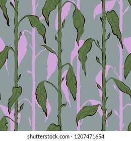 Decorative floral seamless pattern with vertical parallel stems. Endless ornament with green plants and lilac shadows from them on gray backdrop. Stylish background for wrapping, wallpaper.