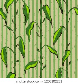 Decorative floral seamless pattern with vertical parallel stems. Endless ornament with green plant stalks and lime leaves on beige backdrop. Stylish background for wrapping, wallpaper, decoration.